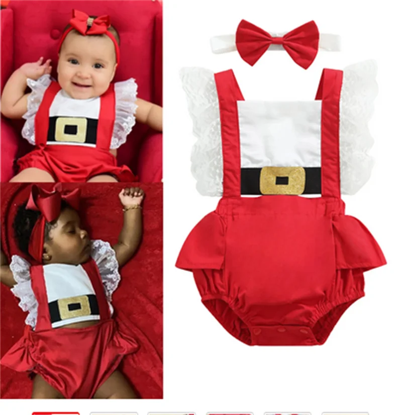 

Christmas Newborn Infant Baby Girls Romper Cotton Ruffle Lace Sleeveless Backless Jumpsuit Toddler 2pcs Clothes Outfits