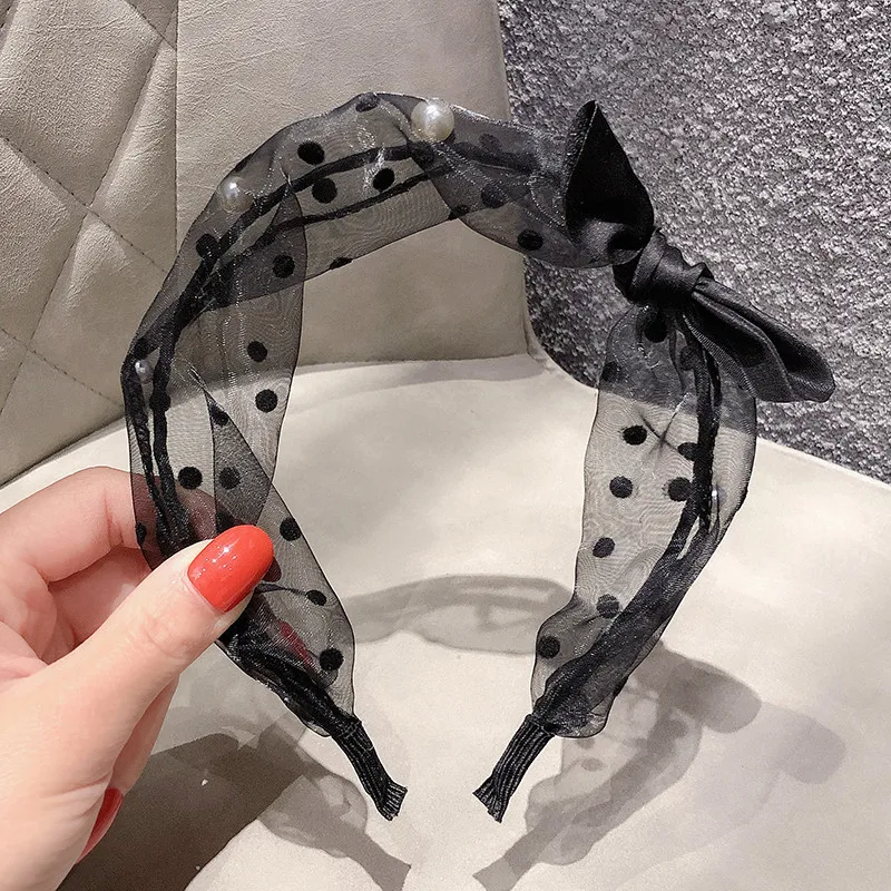 

New Women's Imitation Pearls Lace Hair Hoop Mesh Bow Hairband Headwear Black White Lace Hair Jewelry Gifts Hair Accessories