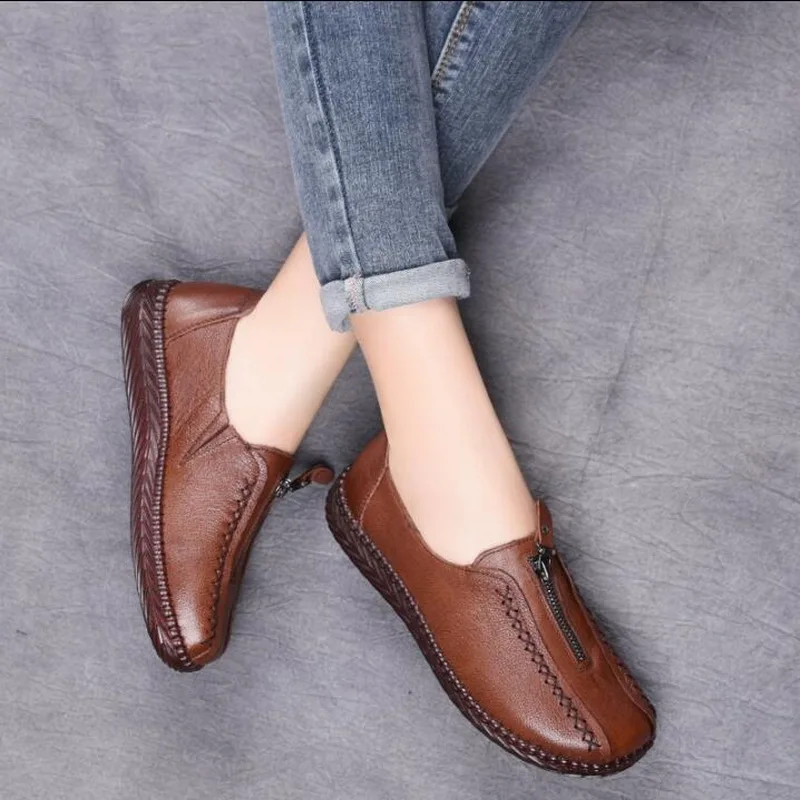 New Spring Ladies Genuine Leather Handmade Shoes Women Slip On Hand-sewed Flat Shoes Women 2020 Summer Soft Loafers Flats