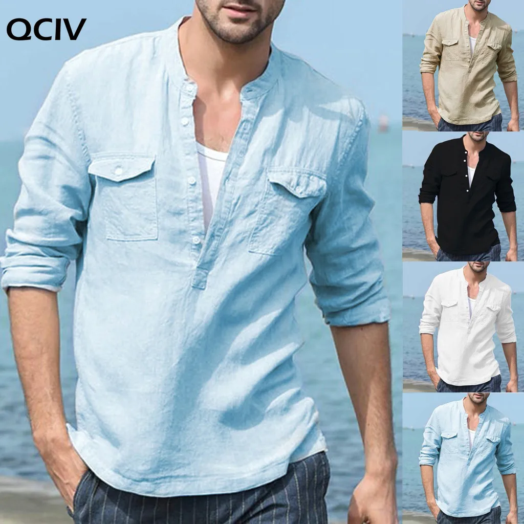 

Men's solid color cotton and linen shirts Men's loose cotton and linen pockets solid color long-sleeved retro shirt