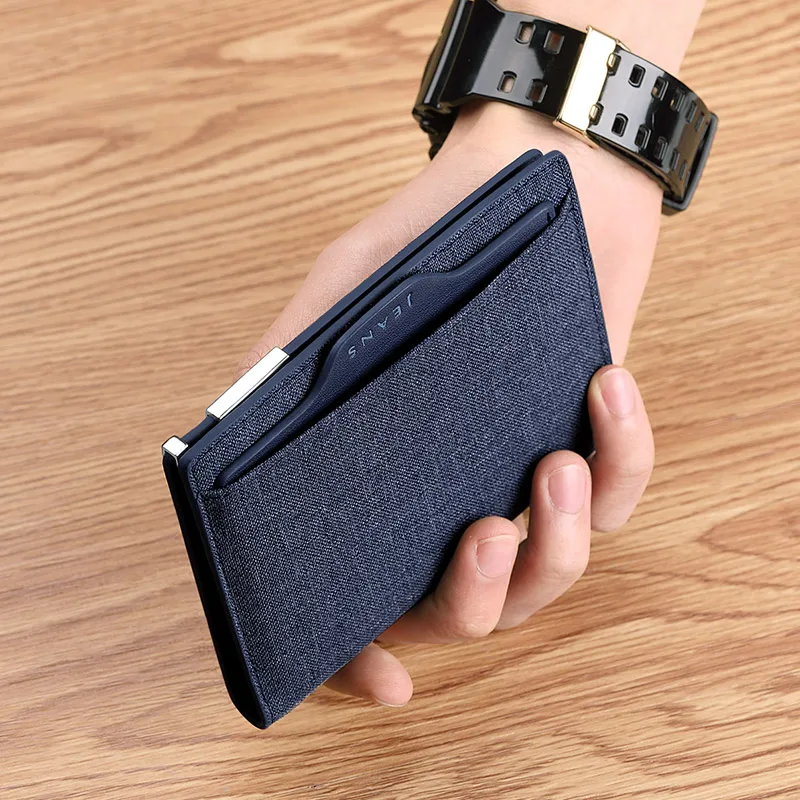 

Ultra thin wallet men's canvas multifunctional large capacity handheld credit card metal buckle driver's license Leather Wallet