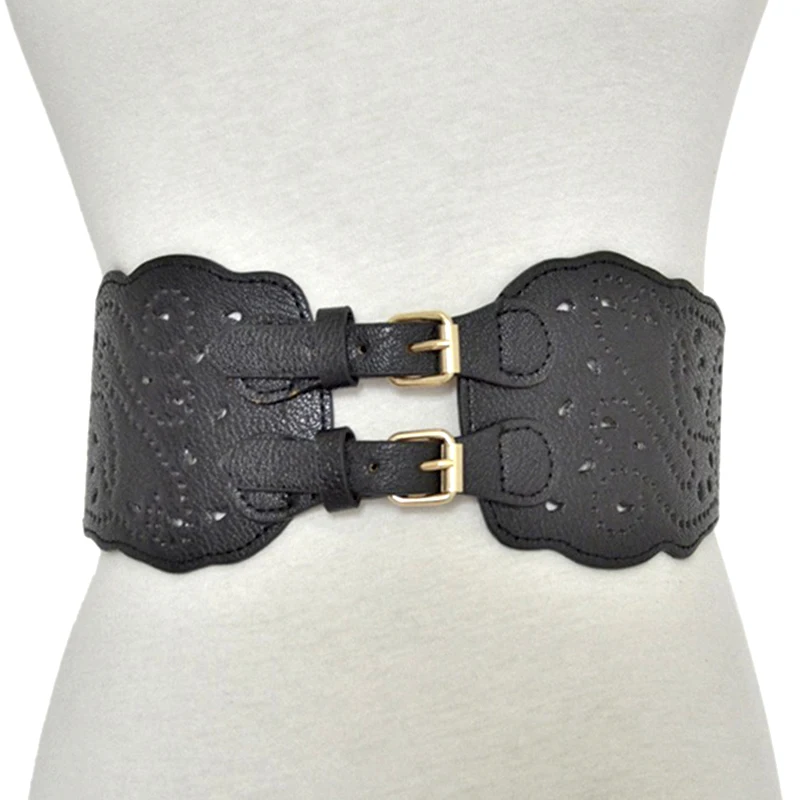 

Hollow Floral Black Leather Belt Luxury Designer Belts For Women Cummerbunds Waistband Corset Belt Women Waist Band