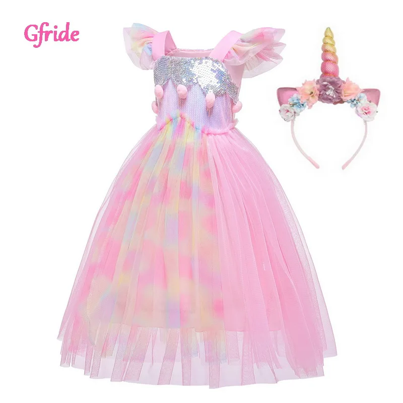 

Летний костюм единорога для девочек с повязкой на голову, короной и палочками для детей, наряд принцессы для девочки на Рождество, Хэллоуин, ...