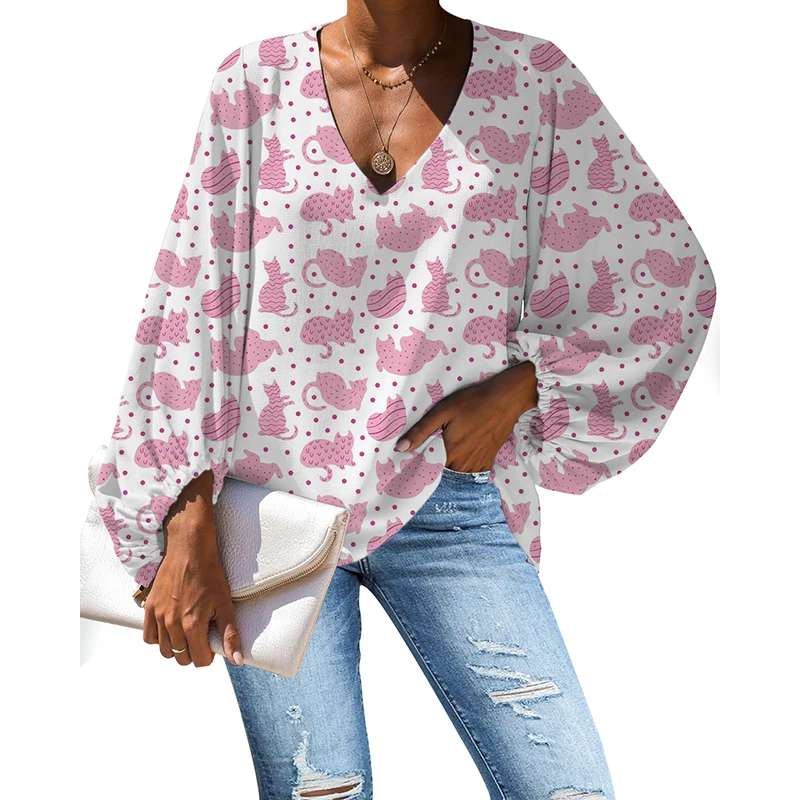 NOISYDESIGNS Women 2020 Summer Blouses Sexy Loose Cats Printing Ladies Tops V-neck Female Shirts Puff Sleeve Blusas Mujer | Женская