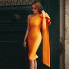 Женское Бандажное платье с одним рукавом, оранжевое облегающее платье с одним открытым плечом и длинным рукавом, Клубное праздвечерние чное платье знаменитости с разрезом, 2021