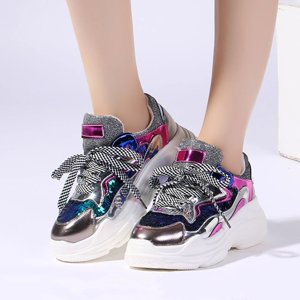Для женщин Коренастый кроссовки модный пэчворк Серебряный Bling толстый на толстом