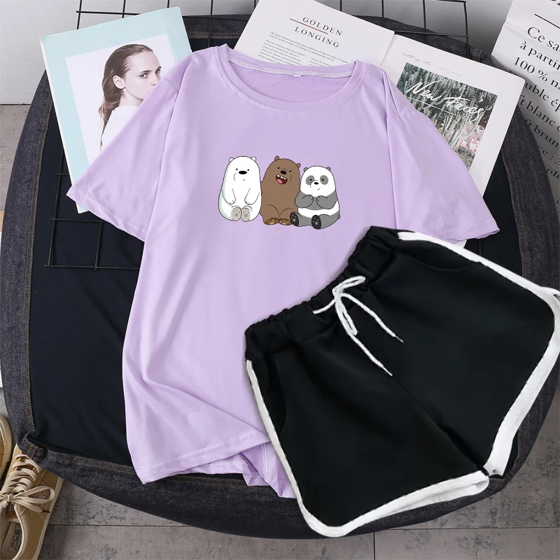 

2 Piece Set Suit Women Casual Tracksuit Pullover Trousers Sport short Top+Pants Suit Clothes Full Breathable Panda Cheap Clothes