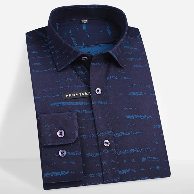 

Bamboo Fiber Print Shirt Men's Long Sleeve Regular-Fit Easy Care Soft Stretch Non-Iron Dress Shirts