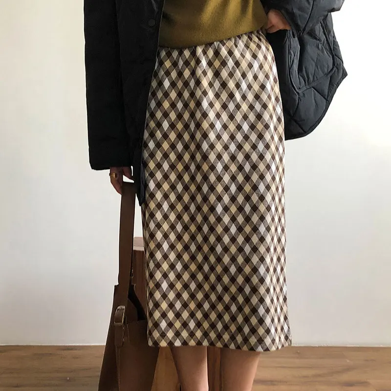 

2021 Women Skirts Elastic High Waist Plaid Skirts Split Hem Elegant Casual Boho Long Skirts Femme Faldas Jupe Saia Streetwear