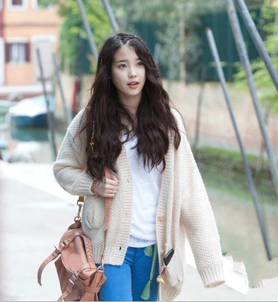 

kpop IU Lee Ji Eun Streetwear Fashion Knitted Cardigan Sweaters women winter new Casual V-Neck Long Sleeved Sweater lady tops