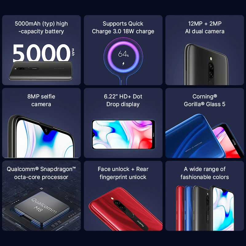 Новая глобальная версия Xiaomi Redmi 8 смартфон 3 ГБ ОЗУ 32 Гб ПЗУ 5000 мАч Spnadragon 439 12 МП