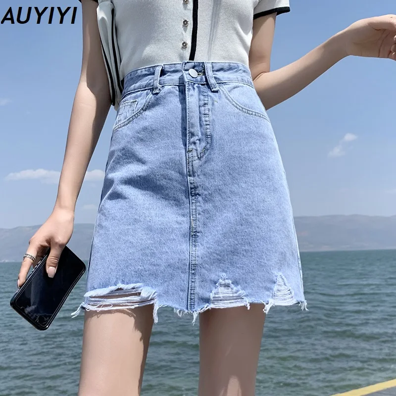 

2021 Fashion New High Waist Denim Skirt Female Summer A-Line Package Hip Hole Burr Ins Super Fire Denim Skirt Trend AUYIYI