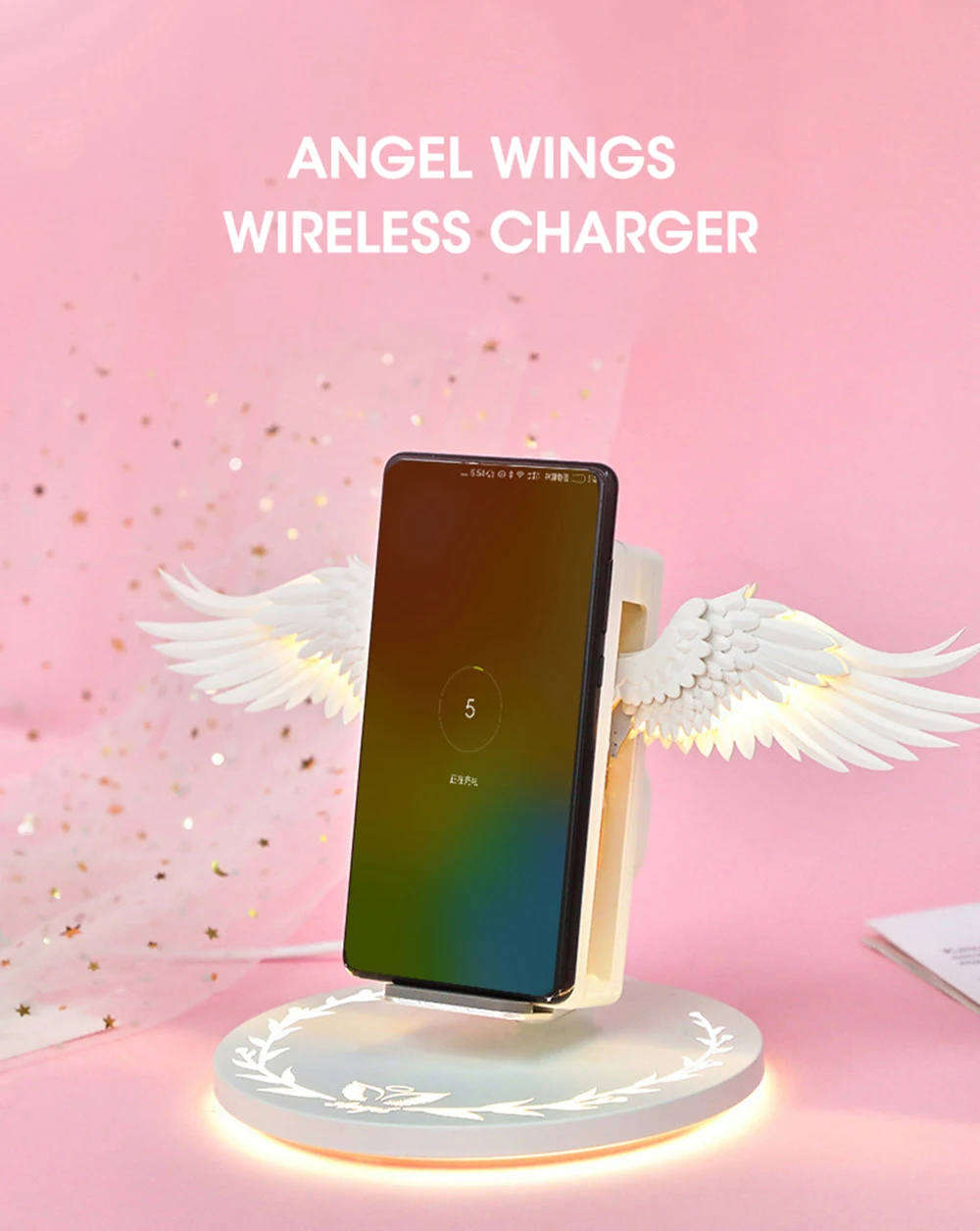 10 Вт Draadloze Oplader Engelenvleugels Nachtlampje Mobiele Telefoon Draadloze Oplader для Android, Apple USB Snel Opladen