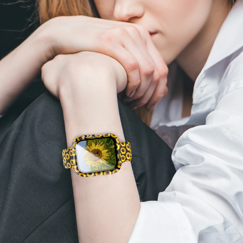 Case+Bands for Apple Watch 44mm 42mm 38mm 40mm Band Screen Protector Cover, Glass+Silicone Wristband Strap for iWatch SE 123456