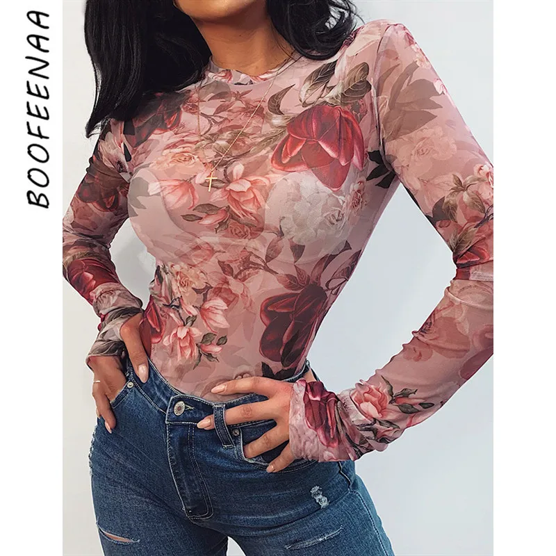 BOOFEENAA сексуальное боди с цветочным принтом из прозрачной сетки длинным рукавом