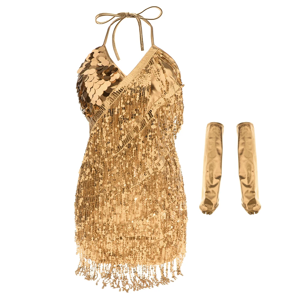 

Latin Dance Dress Sequins Dancewear Clothing With Pair Of Combined Gloves