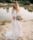 Восхитительные кружевные пляжные свадебные платья с открытой спиной, свадебное платье в стиле бохо с юбкой-годе, элегантные платья с длинным рукавом для деревенских и гражданских свадеб 2020
