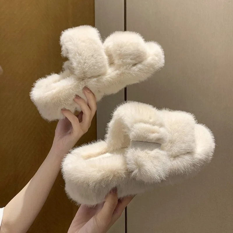 

Indoor Shoes Women Fur Slippers Fluffy Soft Furry High Thick Sole Non Slip Warm House Plush Slippers Ladies Luxury Footwear 2021