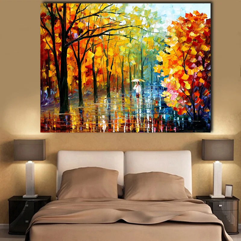 Красочные листья любовник дождь уличное дерево лампа пейзаж картина маслом на