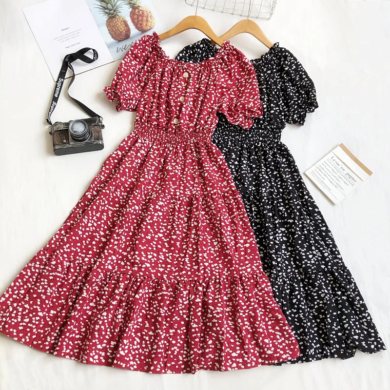 

Summer Women Slash Neck Flare Sleeve Button Pleated Ruffles Chic Chiffon Dress Lady Elastic Slim Waist Flower Party Midi Dress