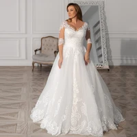 high quality plus size tulle wedding dress for bride half sleeves v neck white bridal gown a line vestidos de novia sweep train
