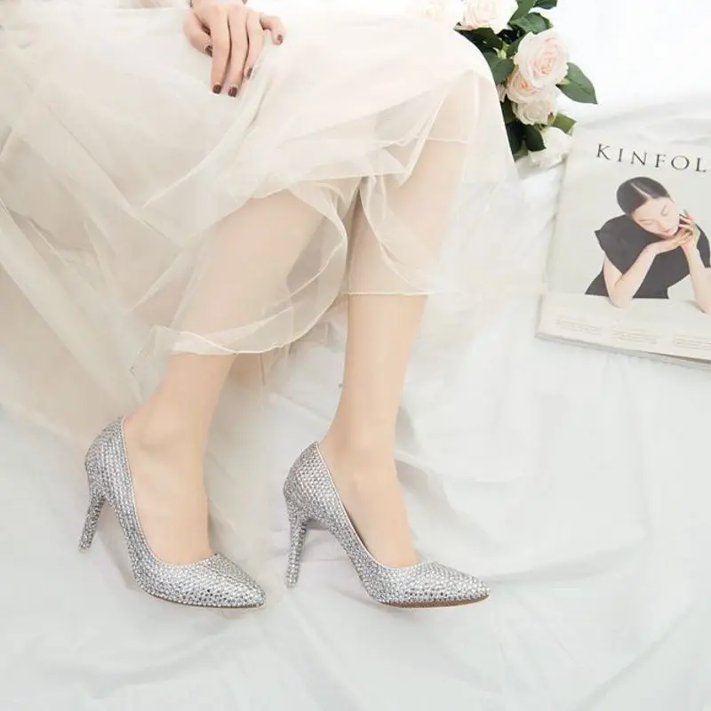 Sexy Pumps Wedding Women Fetish Shoes women pumps Party banquet PU Rhinestones Slip On 9.5CM Thin High Heels Pointed Toe