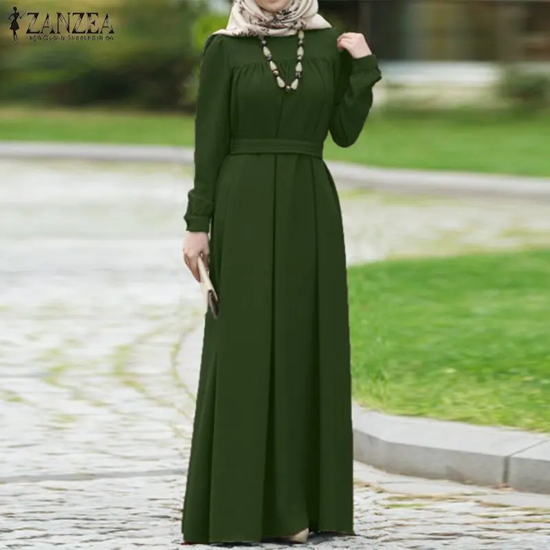 ZANZEA Women Autumn Dress Casual Long Sleeve Solid Maxi Long Vestido Kaftan Abaya Dubai Hijab Muslim Dress Loose Sundress S-