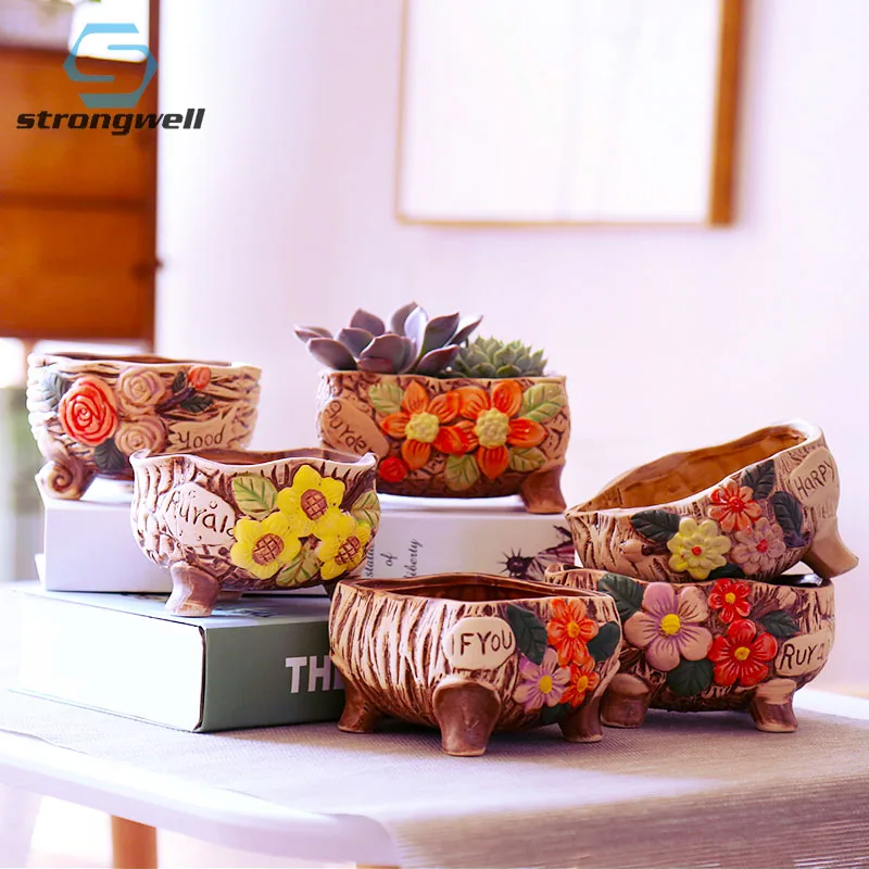 

Ins Handmade Floret Embossed Succulent Flower Pot Creative Home Balcony Garden Vintage Ceramic Plant Potted Plants