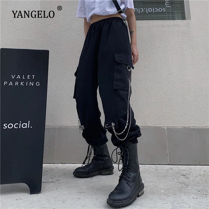 

Harajuku Black Cargo Pants Women Spring Autumn Loose Trousers 2021 Gothic Casual Chains Pants Streetwear Dark Academia Overall