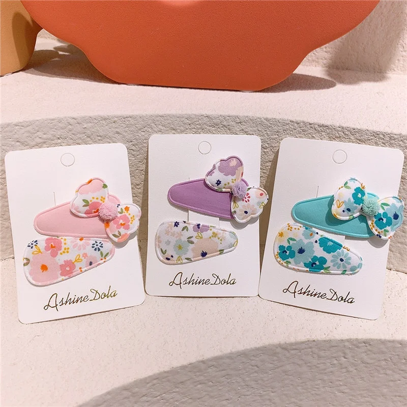 

2 Pcs New Korean Sweet Girl Baby Simple Cute Print Fabric Bow Water Drop BB Clip Fashion Children's Hairpins Hair Accessories