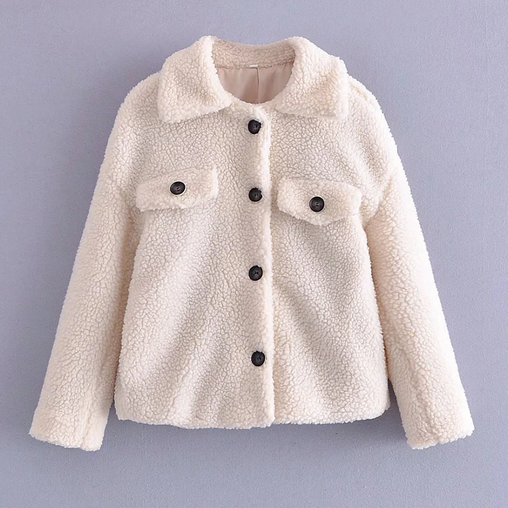 

Новая женская зимняя одежда ZA, короткая флисовая куртка из овечьей шерсти в европейском и американском стиле, однотонное пальто для сохране...