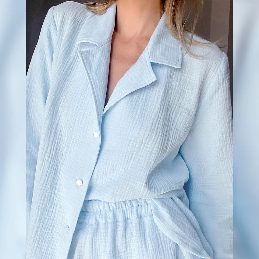 

Blue Cotton Pajamas Long Sleeve Trouser Suits Fashion Wide Leg Pants Autumn Suit For Women Sets Single Breasted Sleepwear