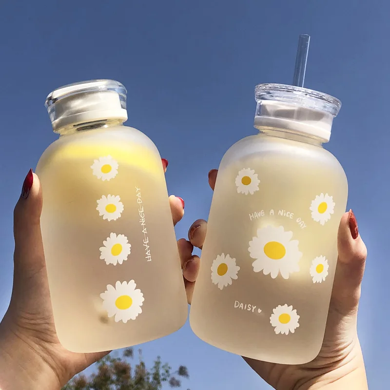 

Milk Juice Cute Water Bottle 480ml Little daisy Matte Portable Water Cup Grass Bottles Creative Handy Cup with Scale 2 Lids