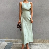women solid elegant sleeveless cotton linen straight bandage office lady dress with split