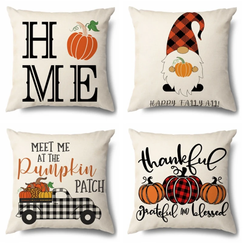 

Fall Pumpkin Cushion Covers 18x18 Inch Farmhouse Decor Thanksgiving Buffalo Check Linen Throw Pillow Covers Happy Thanksgiving