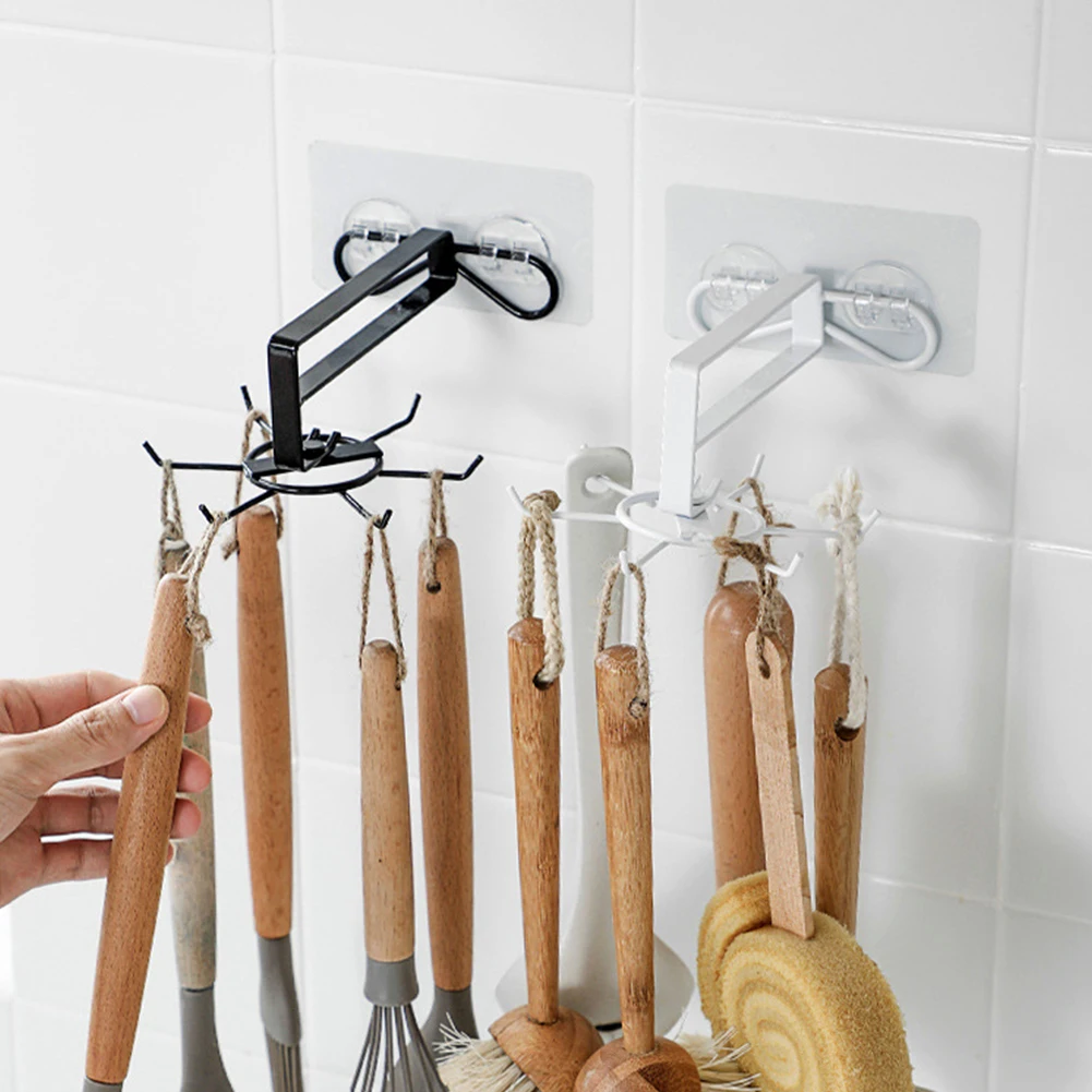 

Iron Save Space Heavy Duty Self Adhesive Wall Mounted Durable Bathroom Rotatable Kitchen Utensil Holder With 6 Hooks