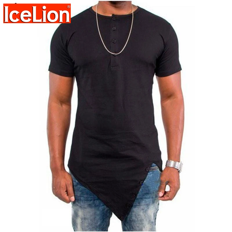 IceLion 2021 Summer T Shirt Men Irregular Hem Short Sleeve T-shirt Fashion Button Collar Hip Hop Streetwear Tops Slim Fit Tshirt