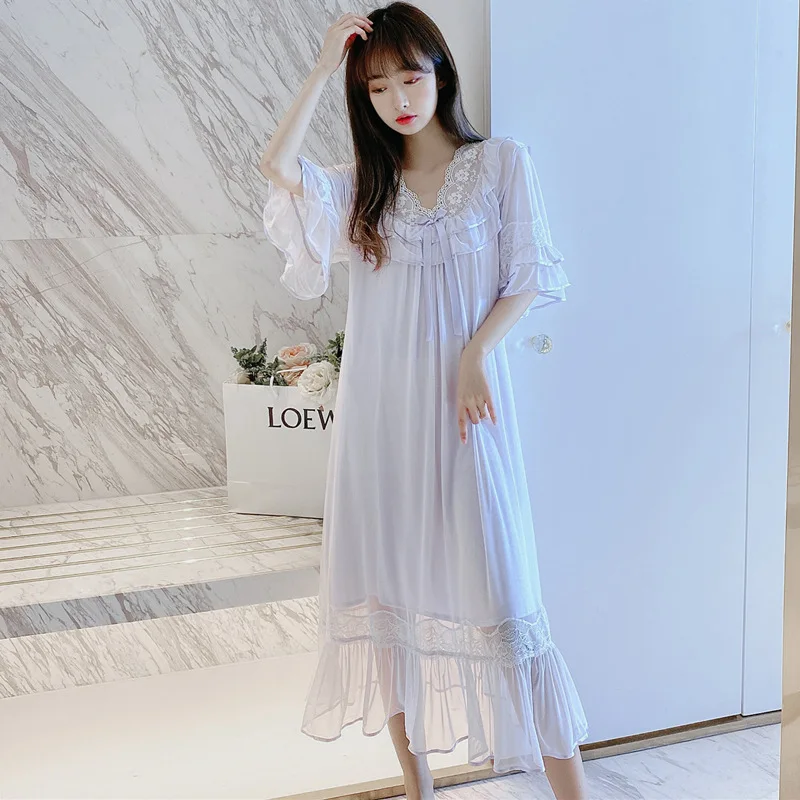 

Women's Night Dress Princess Sleepshirts Vintage Ladies Palace Style Lace Nightgowns Modal Long Nightdress Lounge Sleepwear