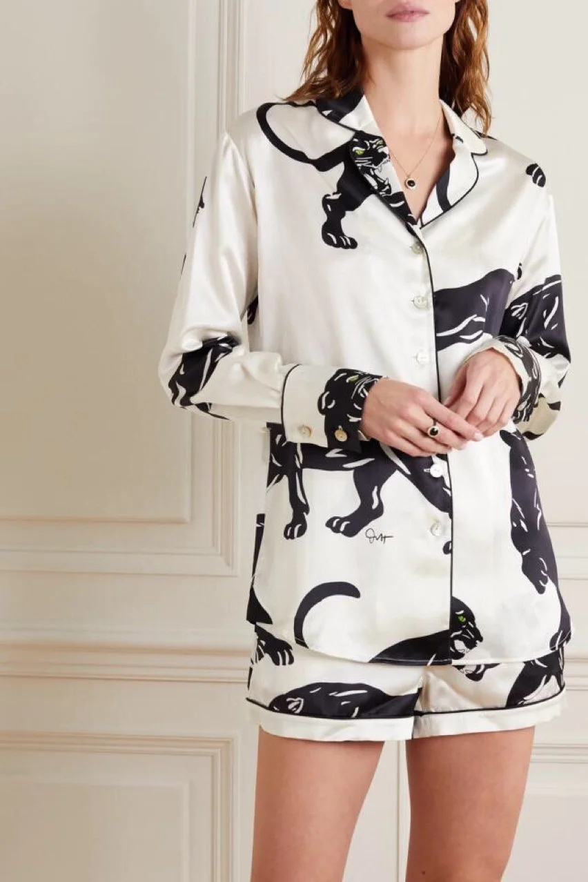 

spring new silk satin leopard printing pajamas series shell button shirt pants shorts pajamas pyjamas