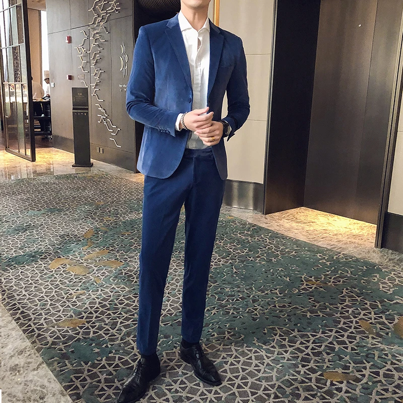 2 piece suits men velvet solid slim fit suit jacket 2020 Spring New Korean fashion mens with pants Black Blue Sale | Мужская одежда