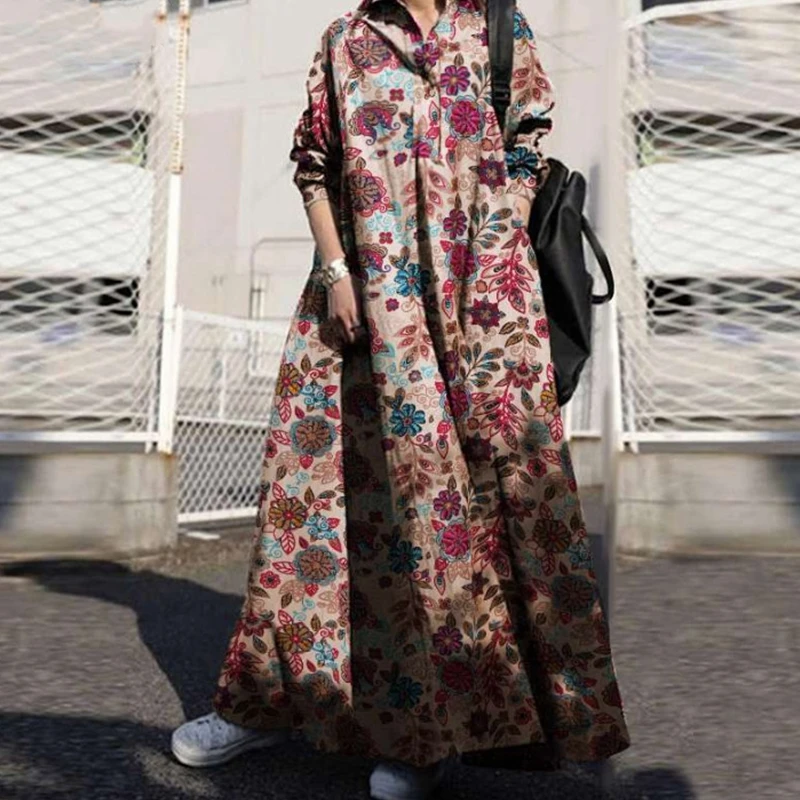 

Lugentolo Vintage Shirt Dress Women Summer Fashion Printed Plus Size Loose Waist Turn-down Collar A-LINE Dresses for Woman