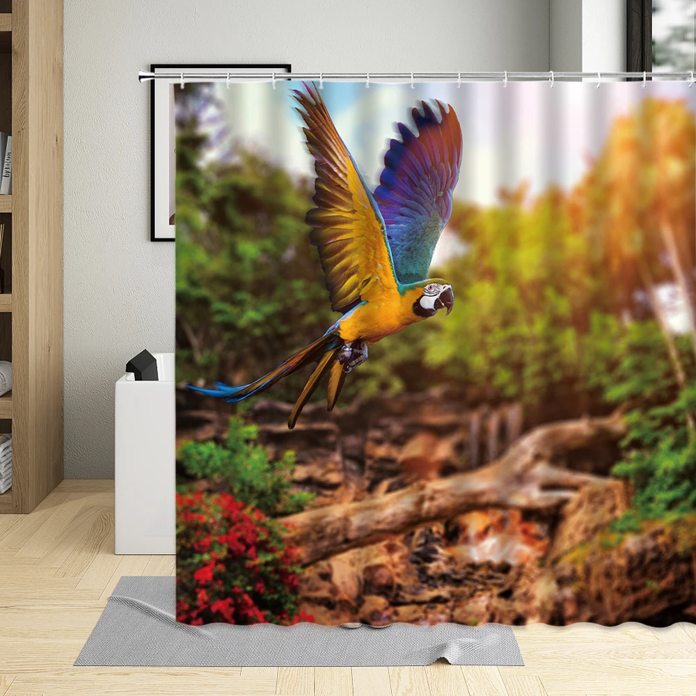 jungle waterfall parrot shower curtains green plant bird animal natural landscape polyester fabric bathroom decor set with hooks free global shipping