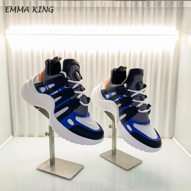Дизайнерские женские кроссовки Emma King на шнуровке; спортивная обувь для бега; Повседневная обувь из вулканизированной кожи и лайкры на плоской подошве; Прогулочные кроссовки - Цвет: Navy Blue
