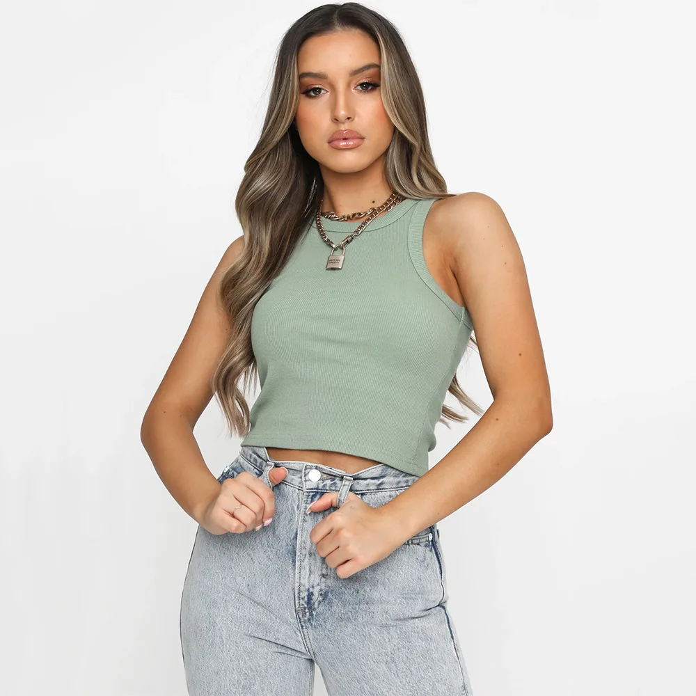 Camiseta Sexy de verano para mujer, Tops sin mangas de algodón con cuello redondo ajustado, Chaleco Corto informal para discoteca, 2021