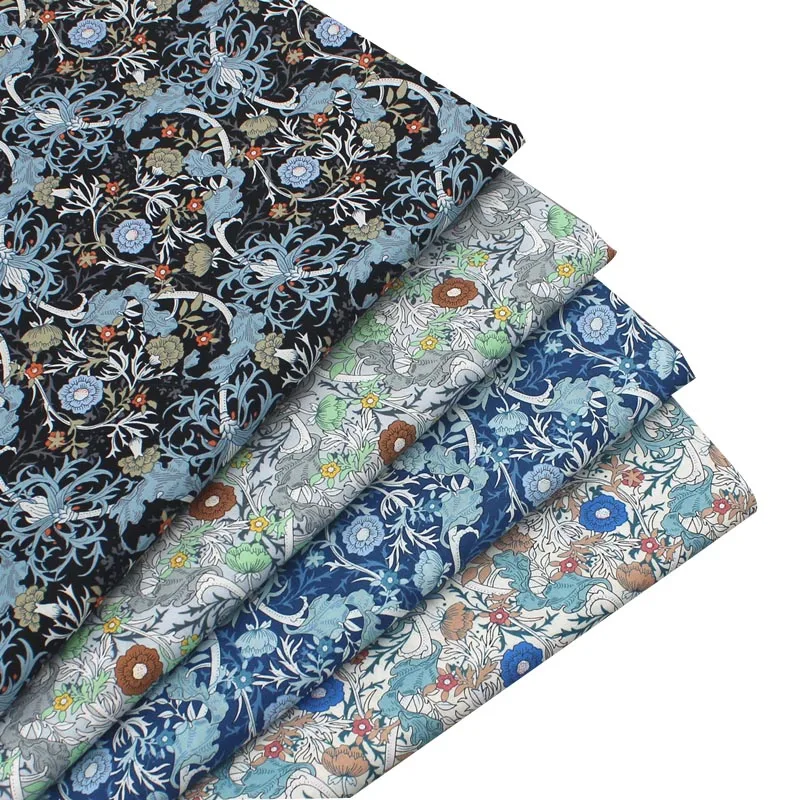 

40S Poplin 100% Cotton Fabrics Retro BLACK LIGHT GRAY BEIGE BLUE Brown Flower For Summer Dress Shirt Blouse Quilt Craft Tissue
