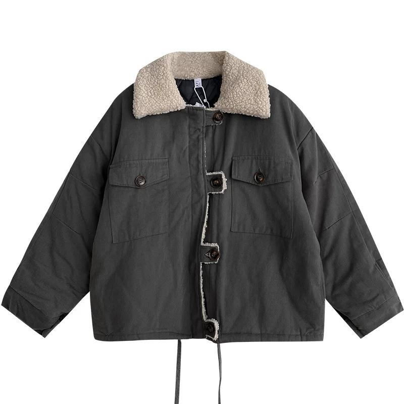 

Lamb Wool Splicing Coat Women Thickened Bandage Winter Straight Jacket Femme Warm Loose Outwear Tops