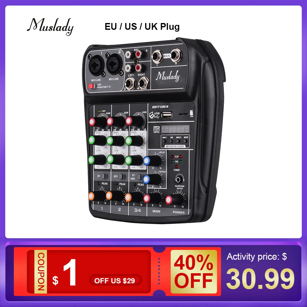 Muslady AI-4 аудио микшер компактная звуковая карта микшерный пульт Цифровой BT MP3 USB вход+ 48 В фантомное питание для записи музыки DJ