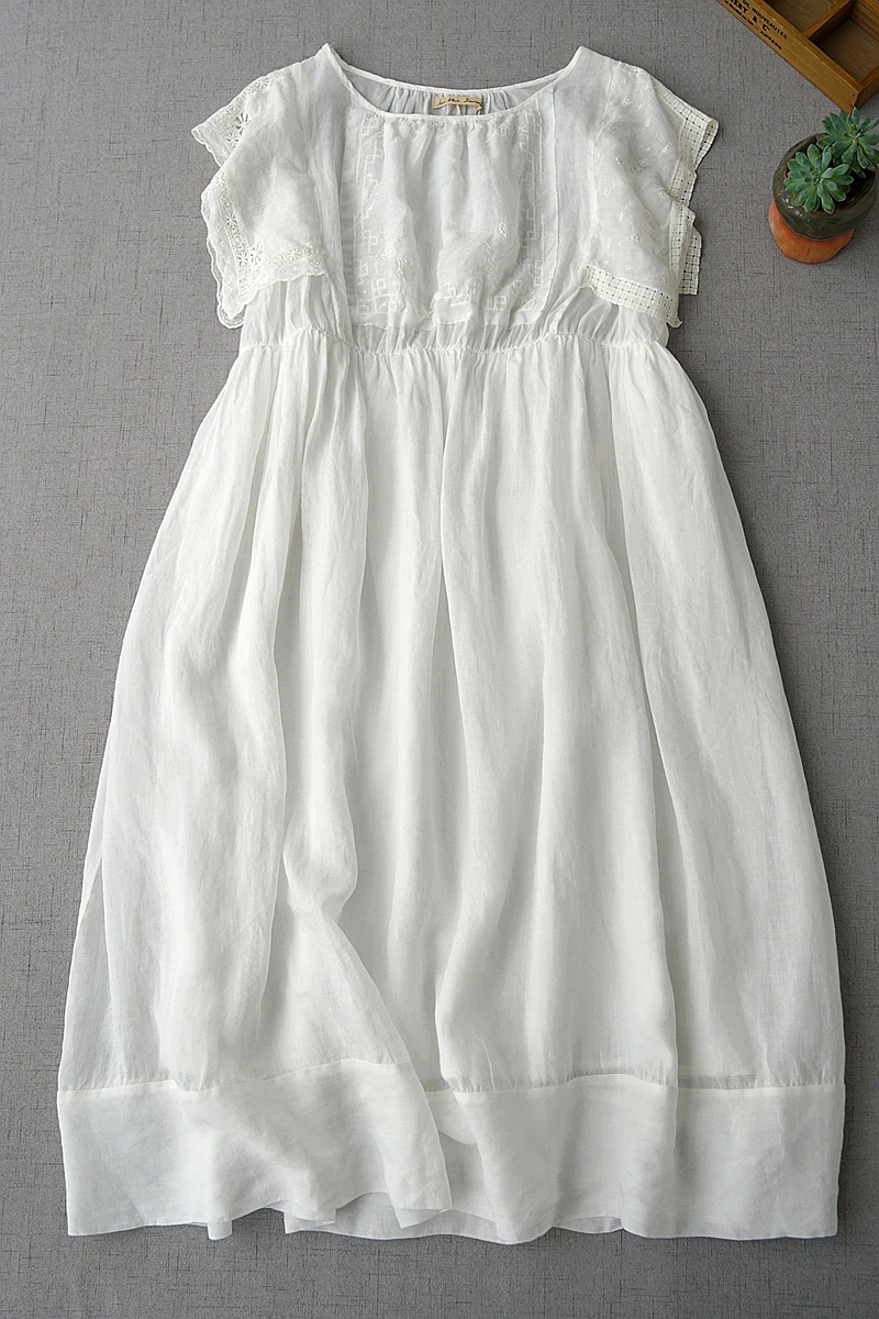 

Summer New Women Loose Japan Style Comfortable Sweet Embroidery Water Washed Thin Light Ramie White Sleeveless Dresses