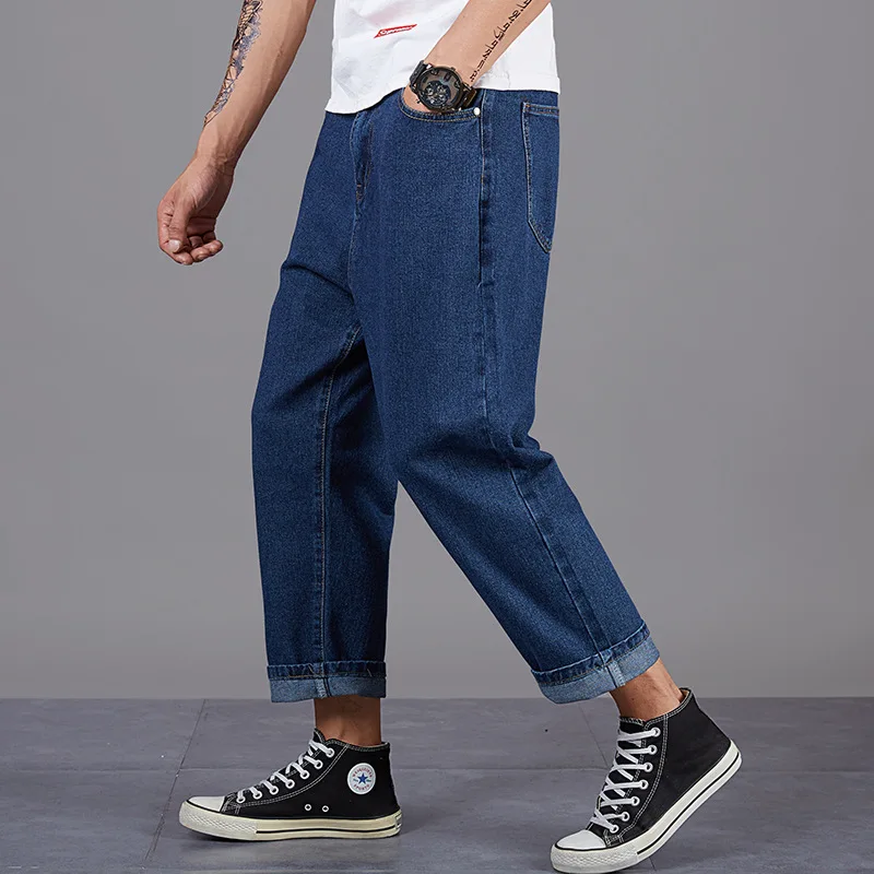 

2022 Hong Kong style plus size men casual nine-point jeans denim loose harem straight pants wide-leg drape 9 points jeans