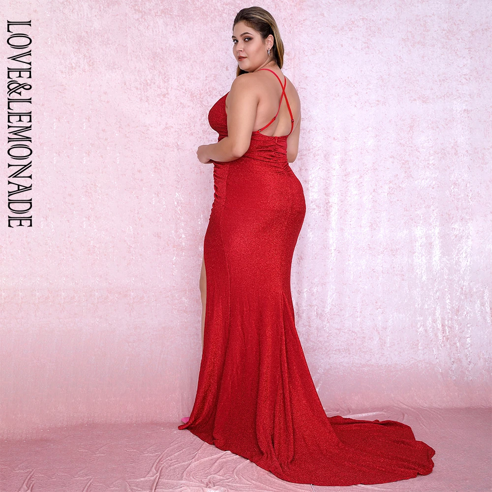 

LOVE&LEMONADE Plus size Sexy Red Deep V-Neck Cut Out Bodycon Shiny Elastic Fabric Maxi Dress LM81709PLUS